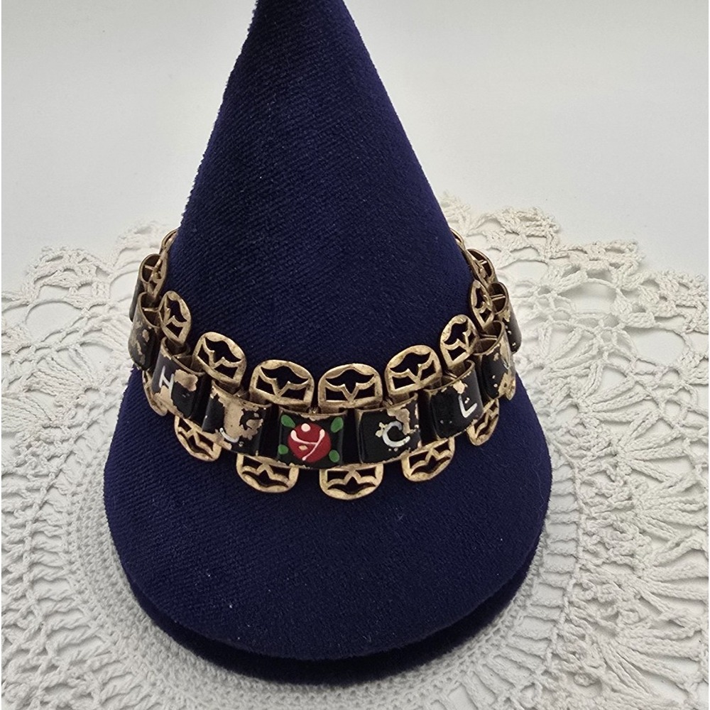 Vintage Souvenir Enamel Bracelet Bookchain Panel Link Rose Gold Tone Harrahs